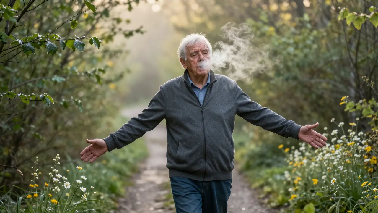 Ein älterer Mann atmet tief ein, während er bei Sonnenaufgang durch einen Wald spaziert.