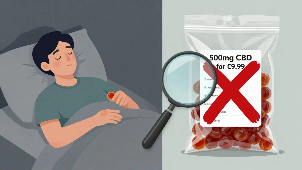 Ein Mensch nimmt abends eine CBD-Gummibonbon ein, neben ihm ein falsches Angebot mit rotem X.