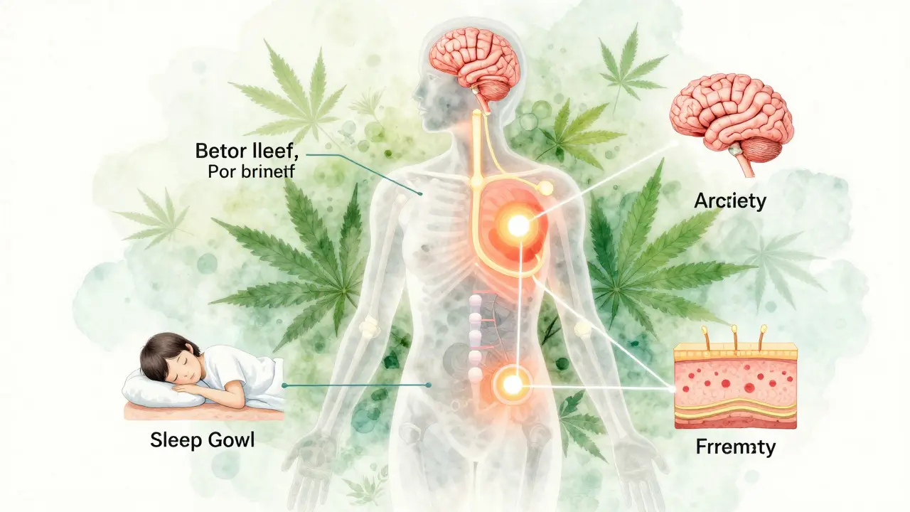 Ein schematischer Körper mit leuchtenden Wegen, die CBD-Wirkung auf Schmerz, Angst, Schlaf und Entzündung darstellt.