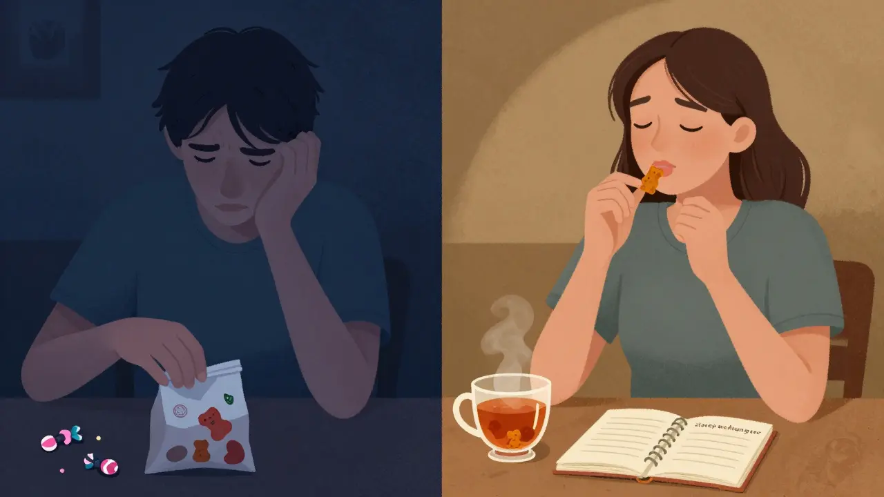 Ein Vergleich: Stress-Essen am Nachttisch vs. ruhige CBD-Einnahme vor dem Abendessen.