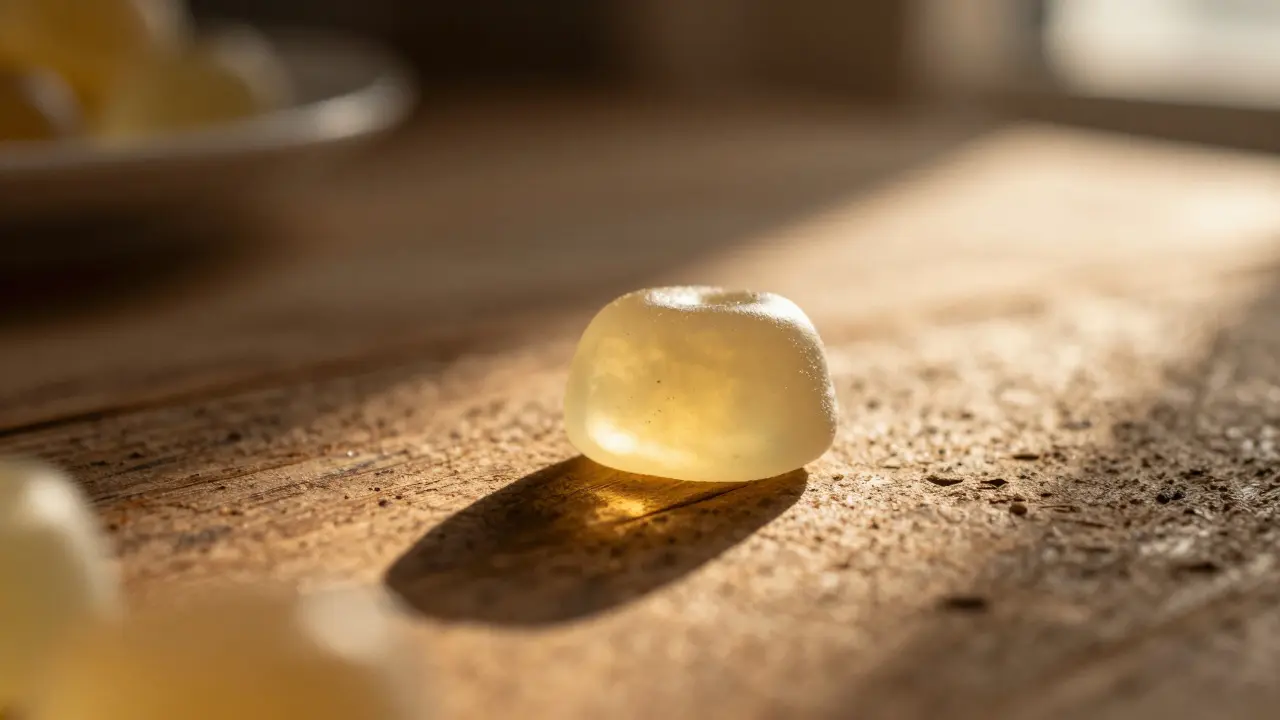 Eine einzelne bunte Gummibär-Figur steht auf einem Holztisch bei warmer Abendbeleuchtung.