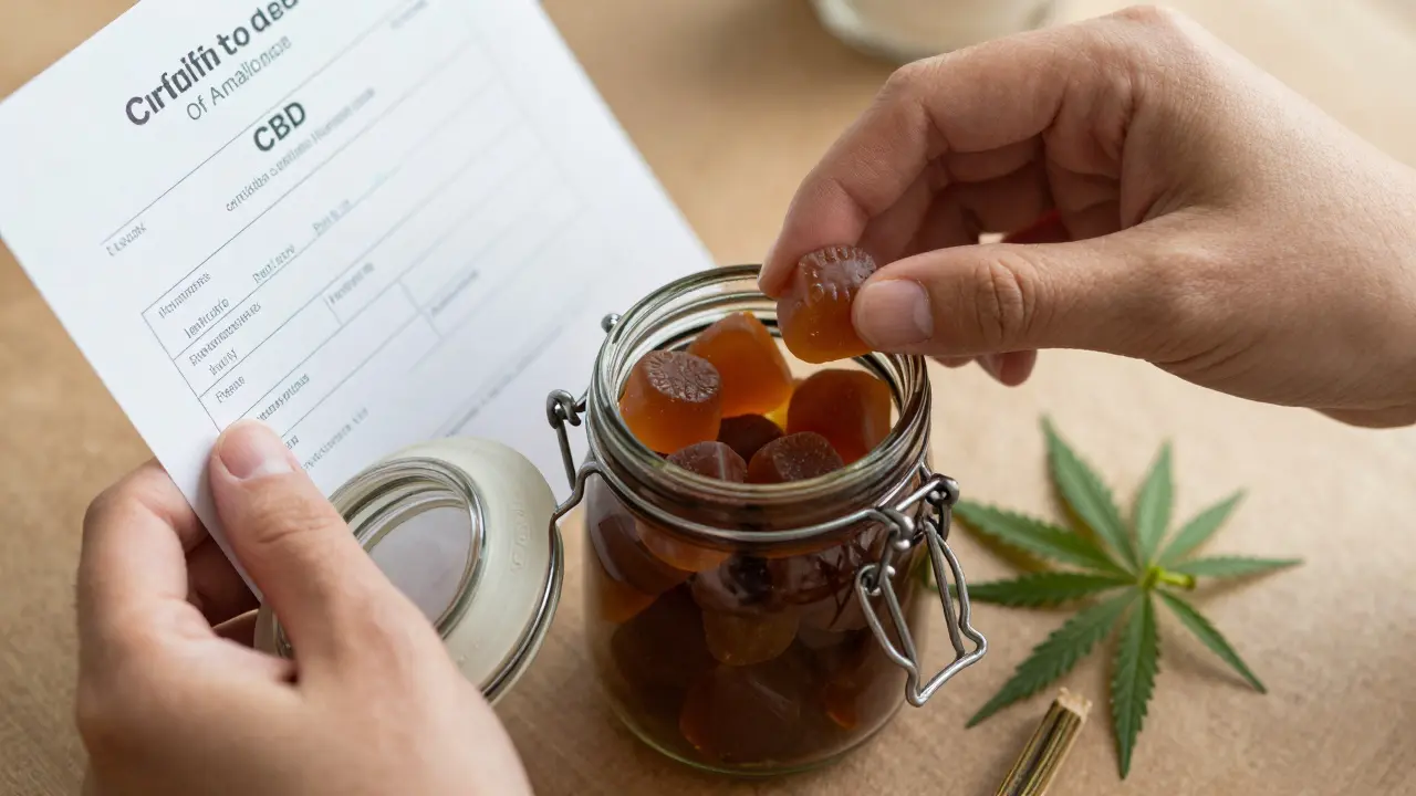 Eine Hand öffnet eine dunkle Glasflasche mit CBD-Kaugummis, daneben liegt ein Laborbericht mit Reinheitsangaben.