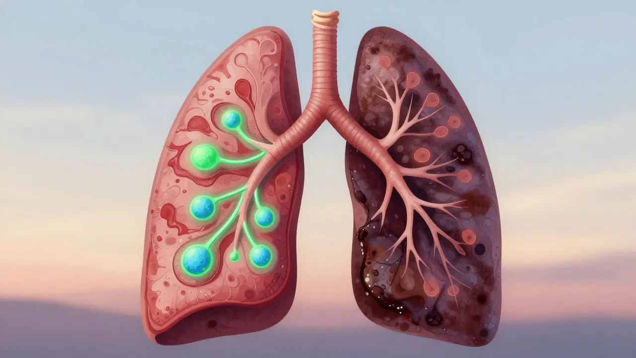 Eine künstlerische Darstellung gesunder Lungenzellen, die beschädigtes Gewebe nach einem Jahr ohne Rauchen ersetzen.