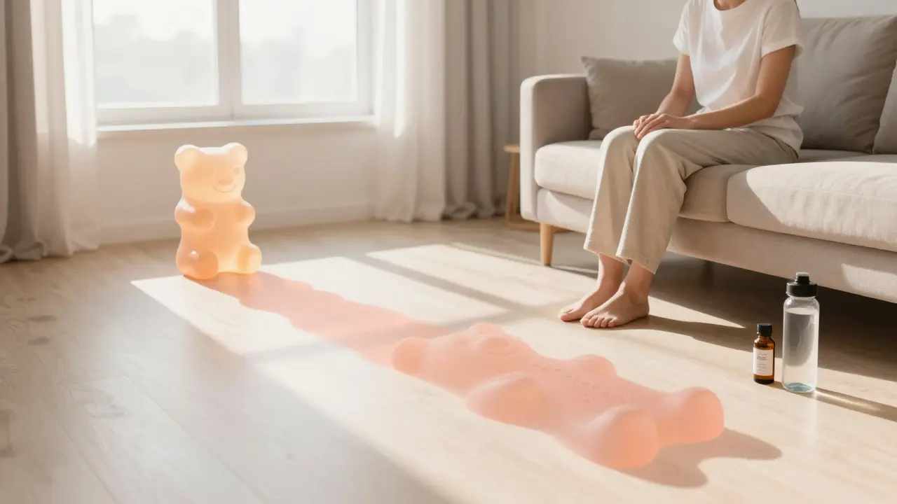 Eine Person am Morgen auf der Couch, während ein durchscheinender Schatten eines Gummibärchens von Nacht bis Tag reicht.