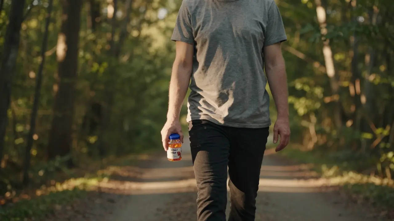 Eine Person spaziert friedlich durch einen sonnigen Wald, hält eine Jar mit Delta 8 Gummis.