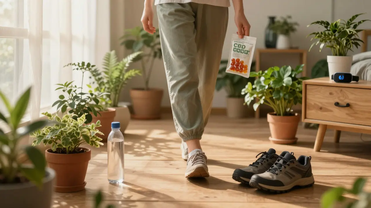 Eine Person spaziert in einem sonnigen Innenhof mit CBD-Gummibärchen und einem Wasserglas.