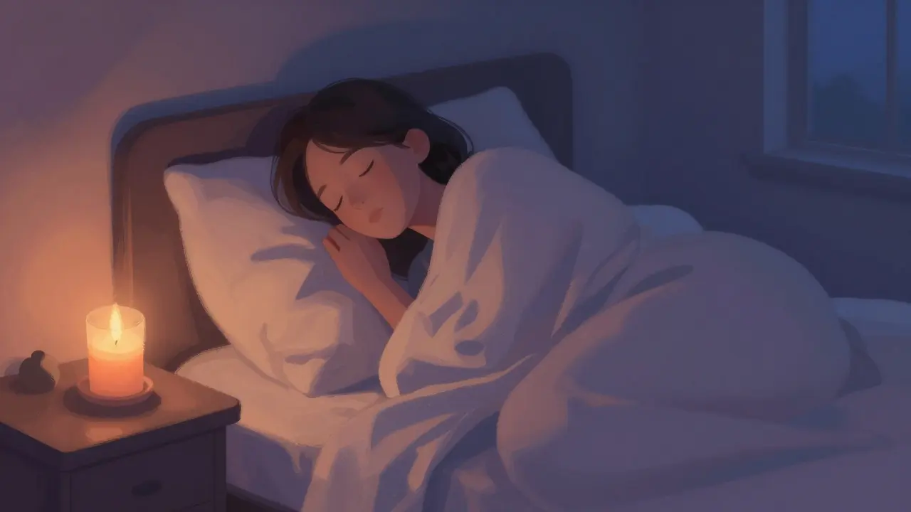 Entspannte Person in warmer Decke im ruhigen Abendzimmer.