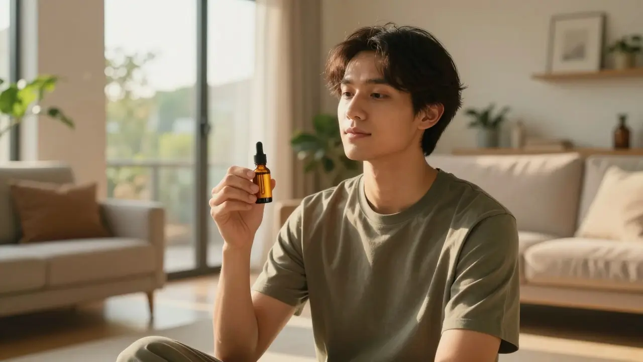 Entspannte Person mit CBD-Öl in sonnigem Wohnzimmer