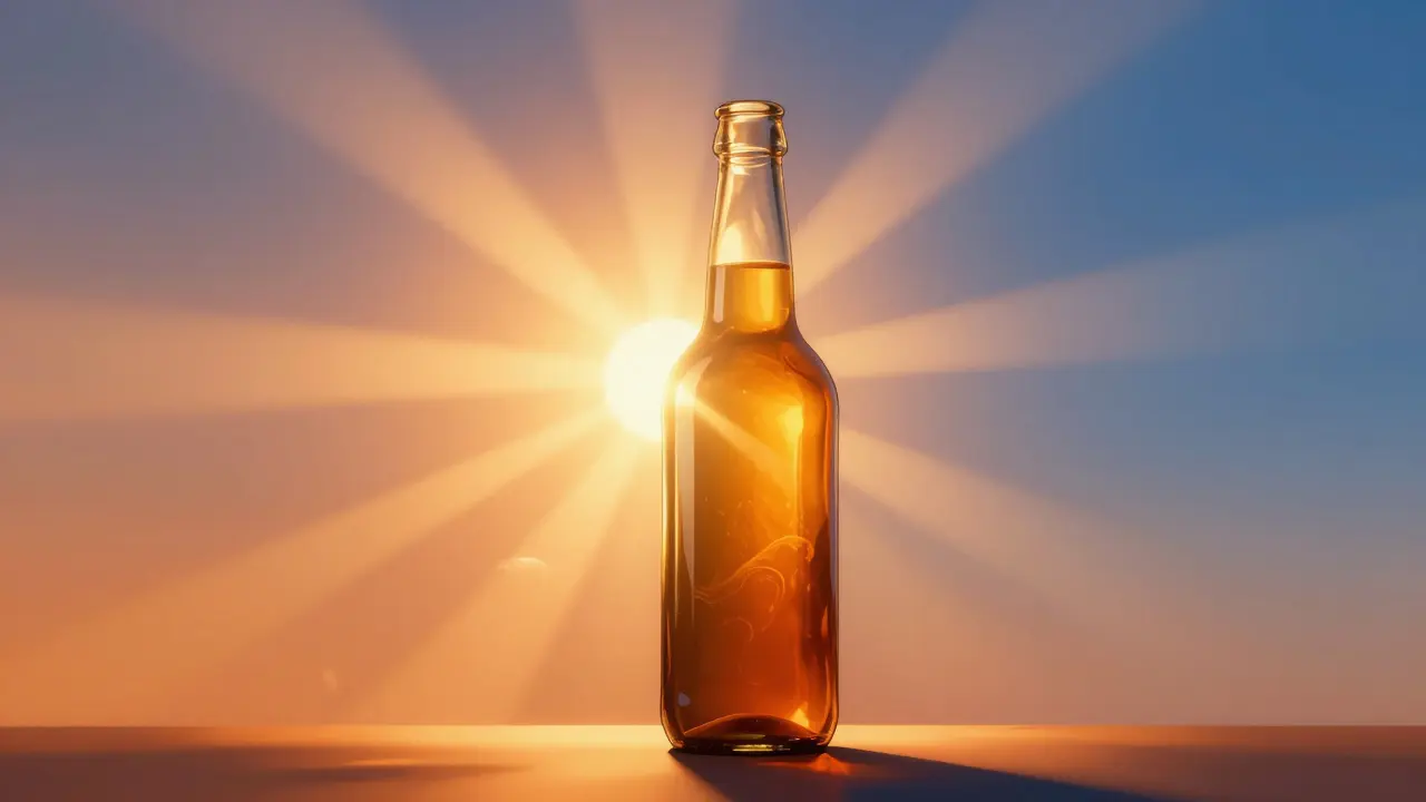 Glasflasche im Sonnenlicht mit Hitzeerscheinungen als Warnung.