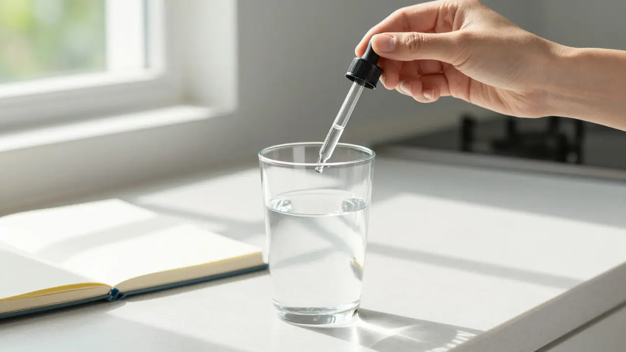 Hand gibt vorsichtig Tropfen in Wasser beim morgendlichen Licht