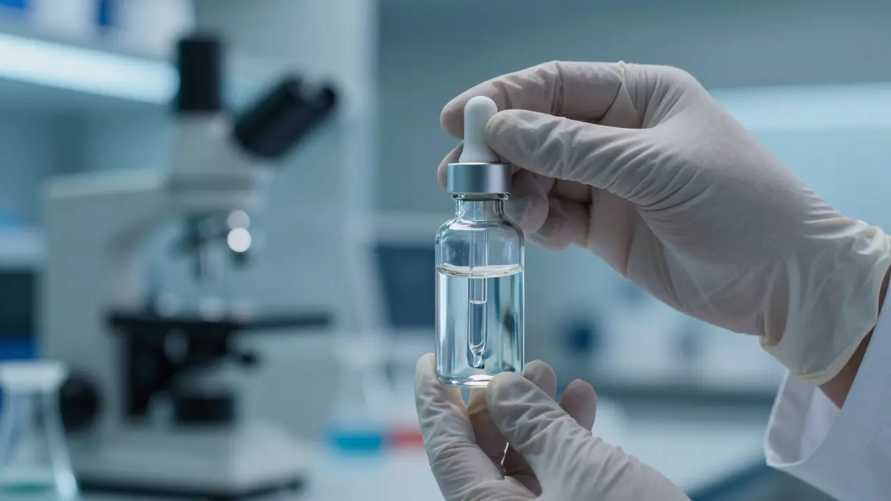 Hand hält Glasfläschchen unter kühlem Laborlicht für Tests.