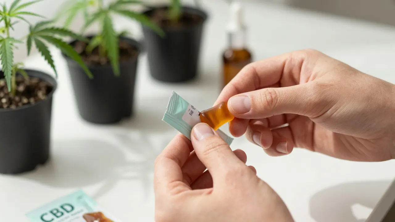 Hände halten CBD-Produktverpackung mit Hanfpflanzen im Hintergrund