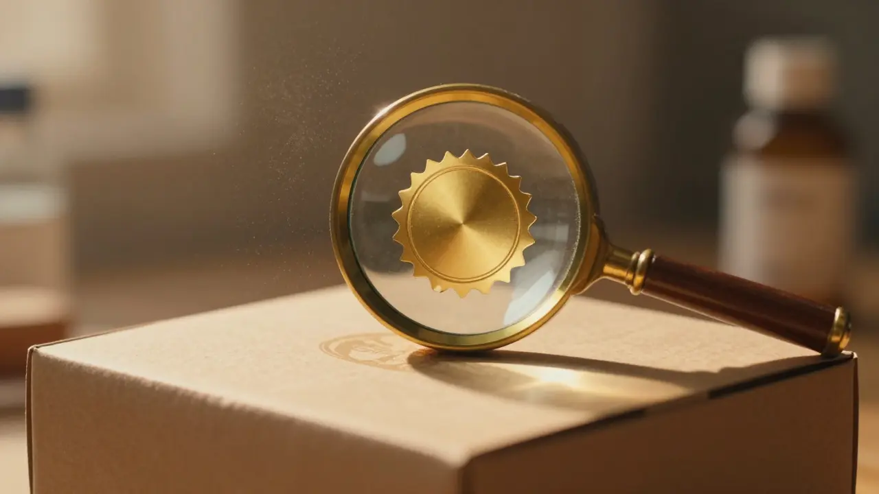 Lupe über einem Produkt mit Qualitätssiegel für Sicherheit.