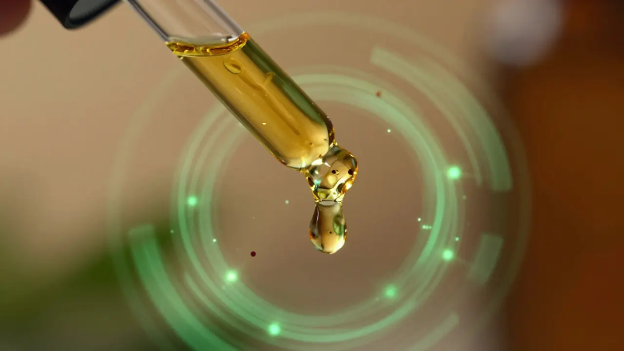 Nahaufnahme eines goldenen CBD-Öl-Tropfens mit abstrakten Partikeln.