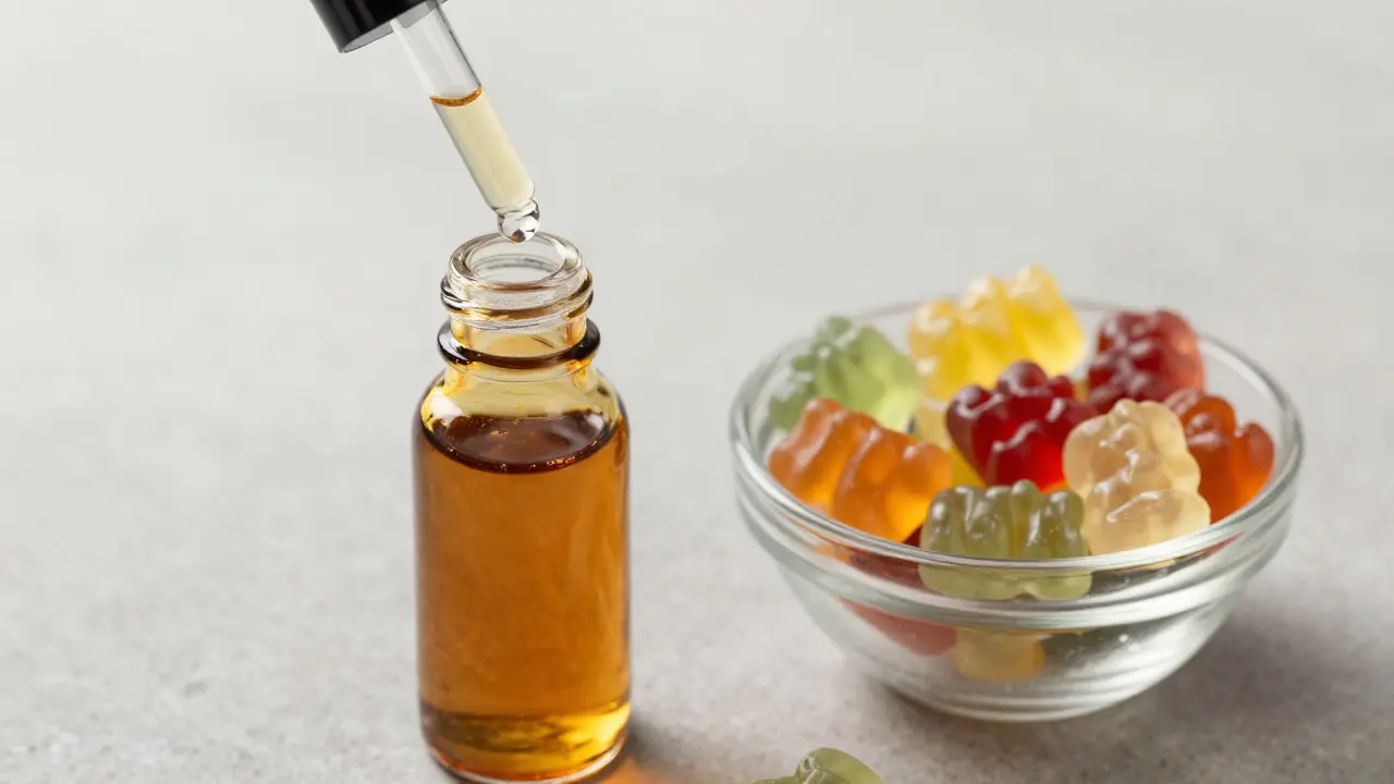 Nahaufnahme von CBD-Öl Tropfer und Gummibärchen auf Stein.