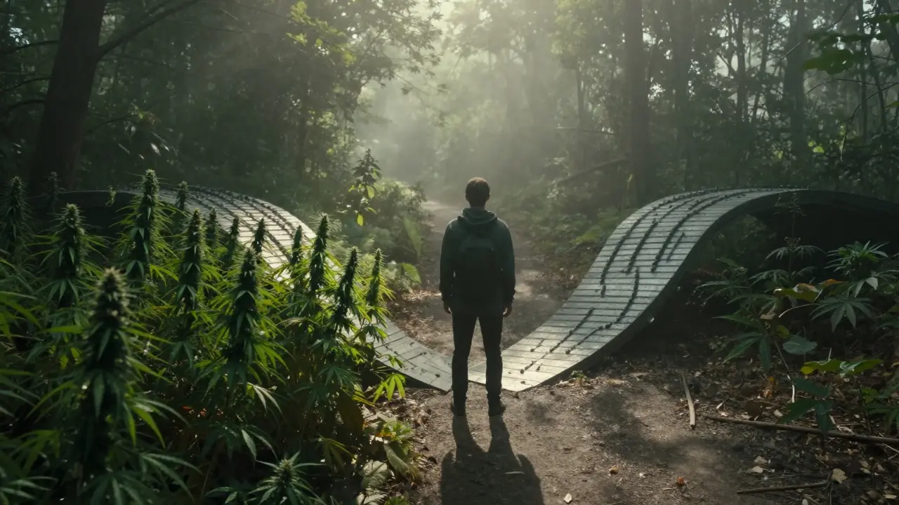 Person an einer Wegkreuzung zwischen natürlichem Wald und metallischem Pfad