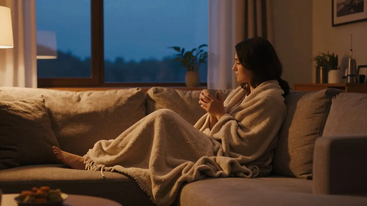 Person entspannt auf einer Couch in einem gemütlichen Wohnzimmer.