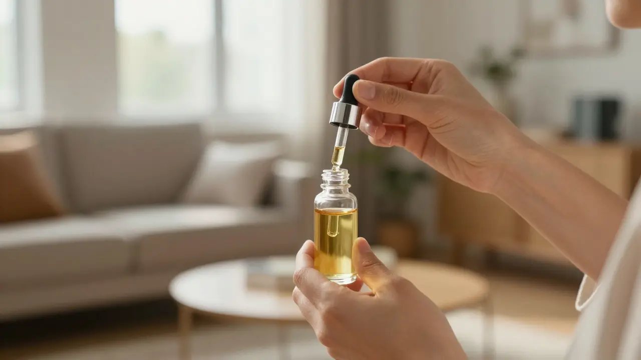 Ruhige häusliche Szene mit einer Person, die ein Cannabis-Öl-Fläschchen in natürlichem Licht hält.