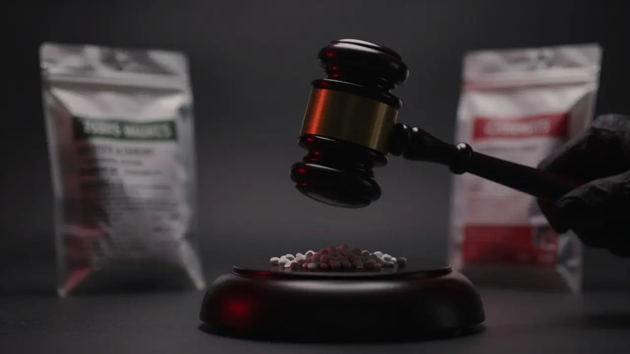 Schattenhafte Silhouette eines Richterschlagbaums über unklaren Produkten.