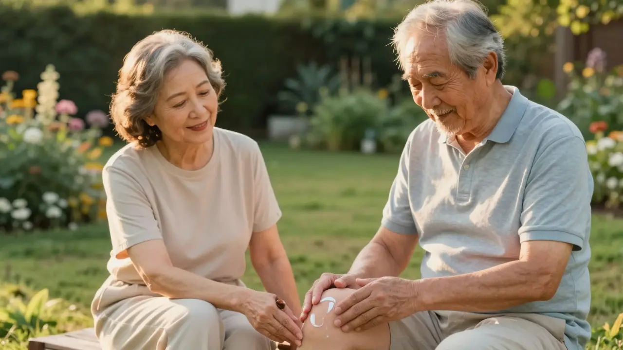 Seniorenpaar im Garten, eines wendet Creme auf das Knie an