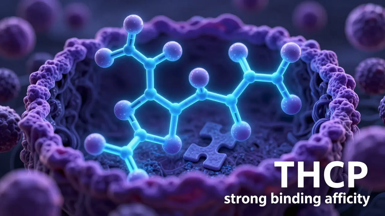 3D-Modell eines THCP-Moleküls, das fest in einem Gehirnrezeptor einrastet.