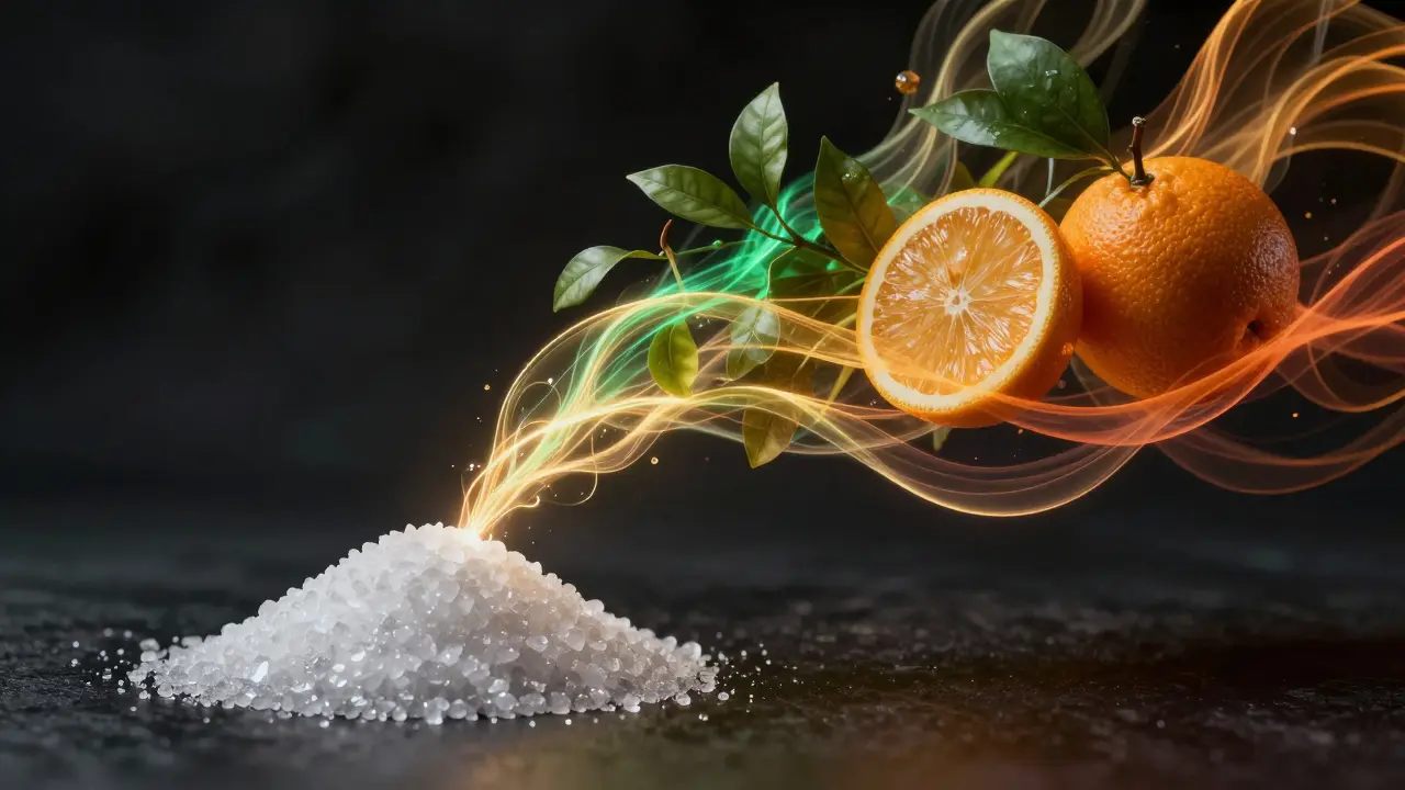 Abstrakte Darstellung von geruchlosem HHC-Isolat und farbigen Terpen-Strömen.