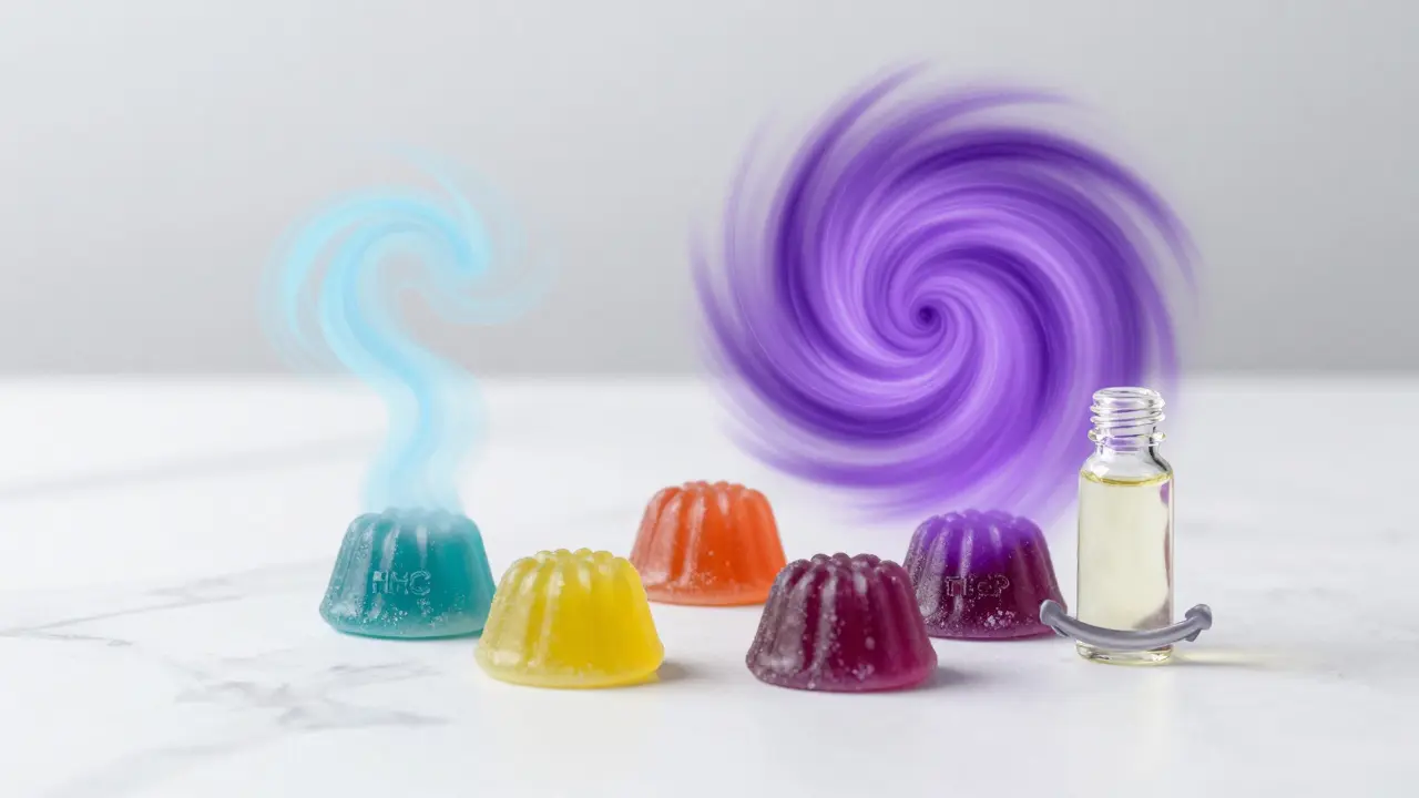Cannabinoid-Gummies mit abstrakten Energieströmen, die den Unterschied in der Wirkstärke zeigen.
