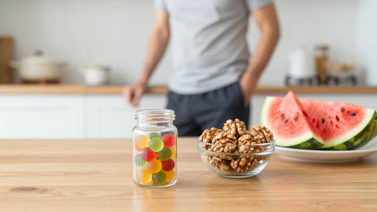 CBD-Gummies neben Nüssen und Wassermelone auf einem Küchentisch für ein gesundes Leben.