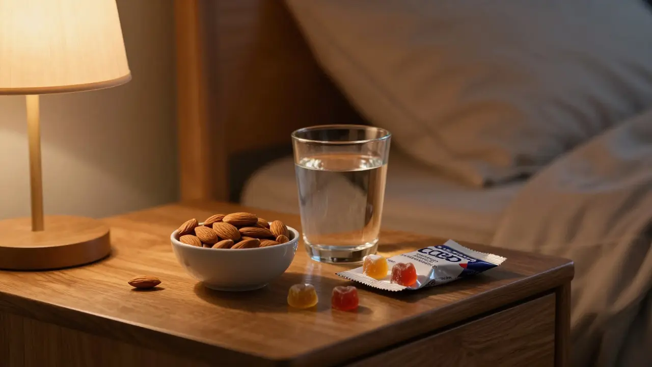 CBD-Gummies und Mandeln auf einem Nachttisch in einer gemütlichen Abendstimmung.