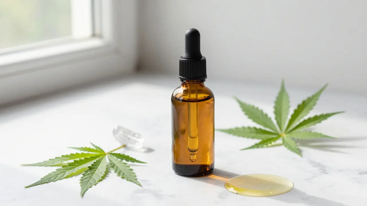 CBD-Öl Flasche aus Braunglas mit Hanfblättern auf einer weißen Marmorfläche.