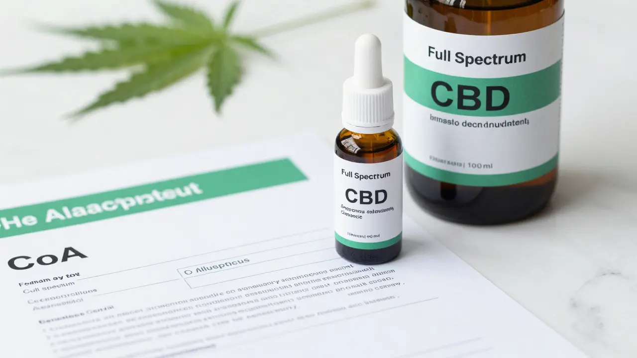 CBD-Ölflasche neben einem Laboranalyse-Zertifikat auf weißem Marmor.