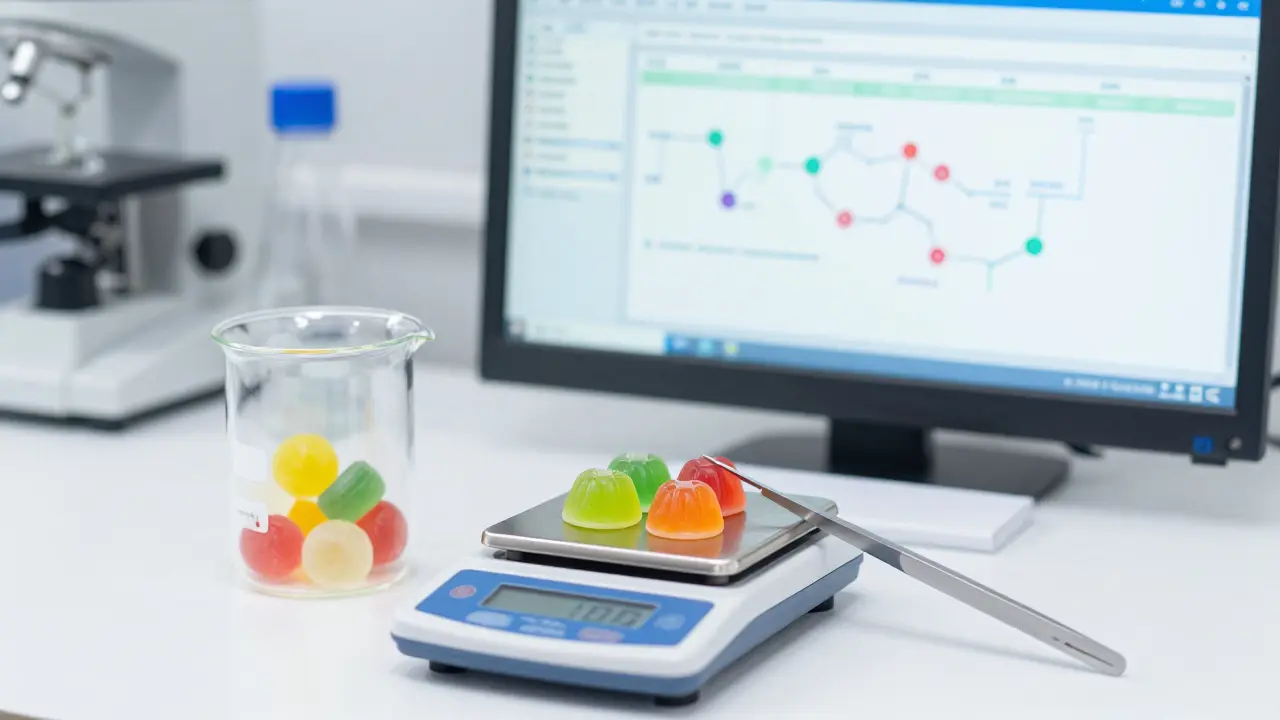 Ein in Viertel geschnittenes Gummibärchen neben Laborgeräten zur Dosierung.