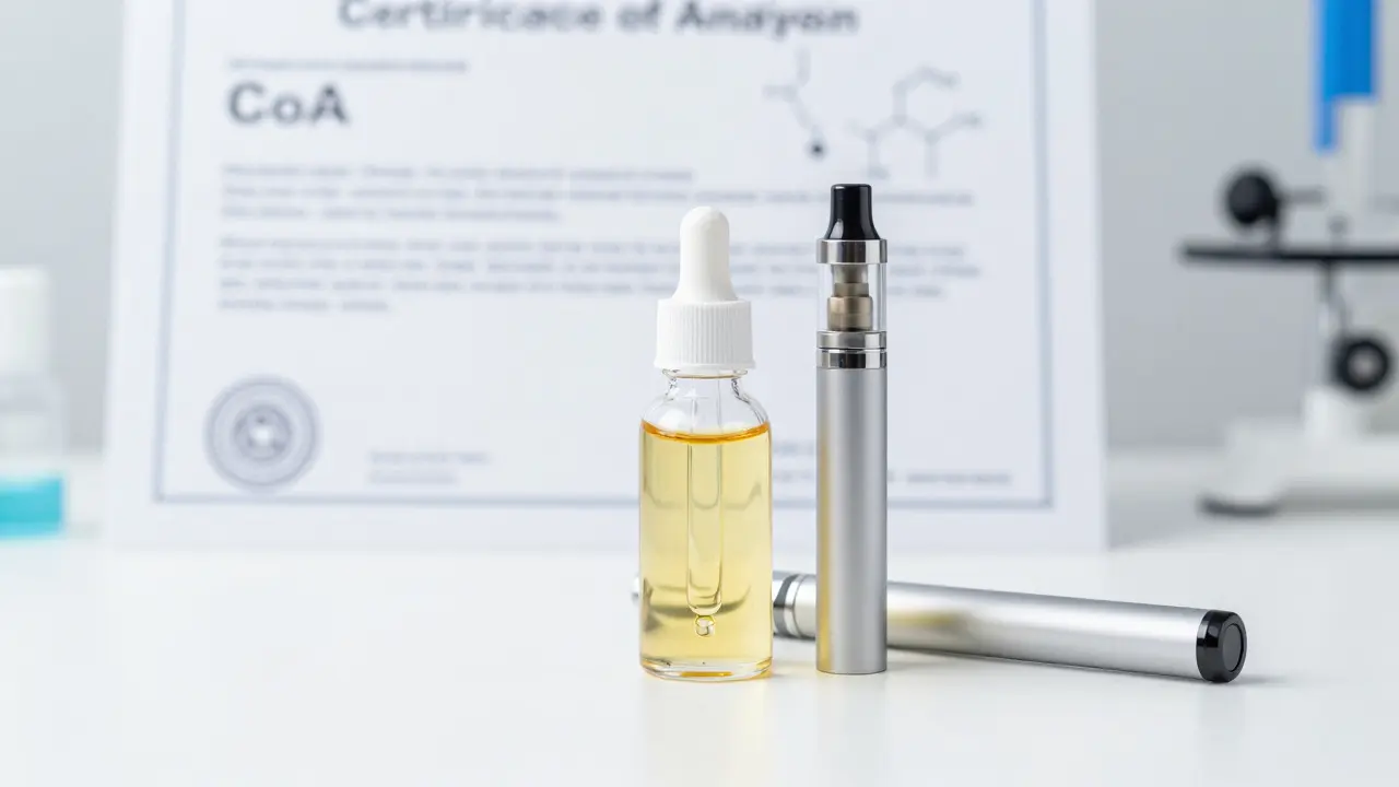 Ein Öl-Tropfer und Vape-Pen neben einem Laborzertifikat auf einer sauberen, weißen Fläche.