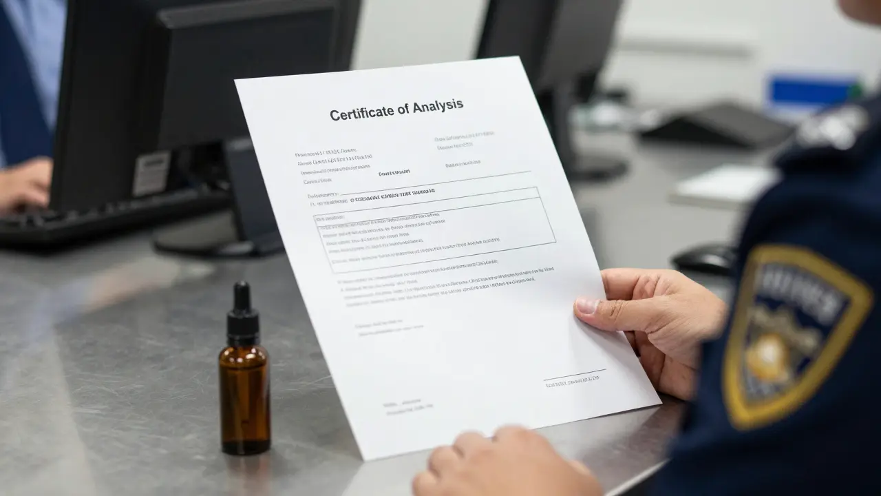 Ein Zollbeamter prüft ein CBD-Öl und das dazugehörige Analysenzertifikat.