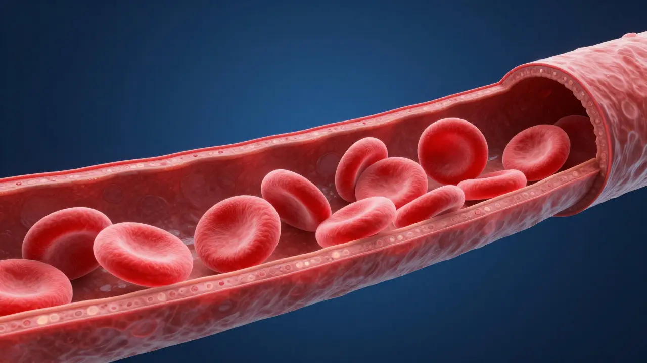 Eine medizinische 3D-Illustration von roten Blutkörperchen, die durch eine weite Arterie fließen.