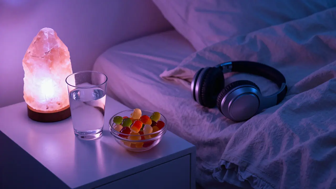 Gemütliche Schlafzimmerumgebung mit THC-Gummies und Wasserglas.