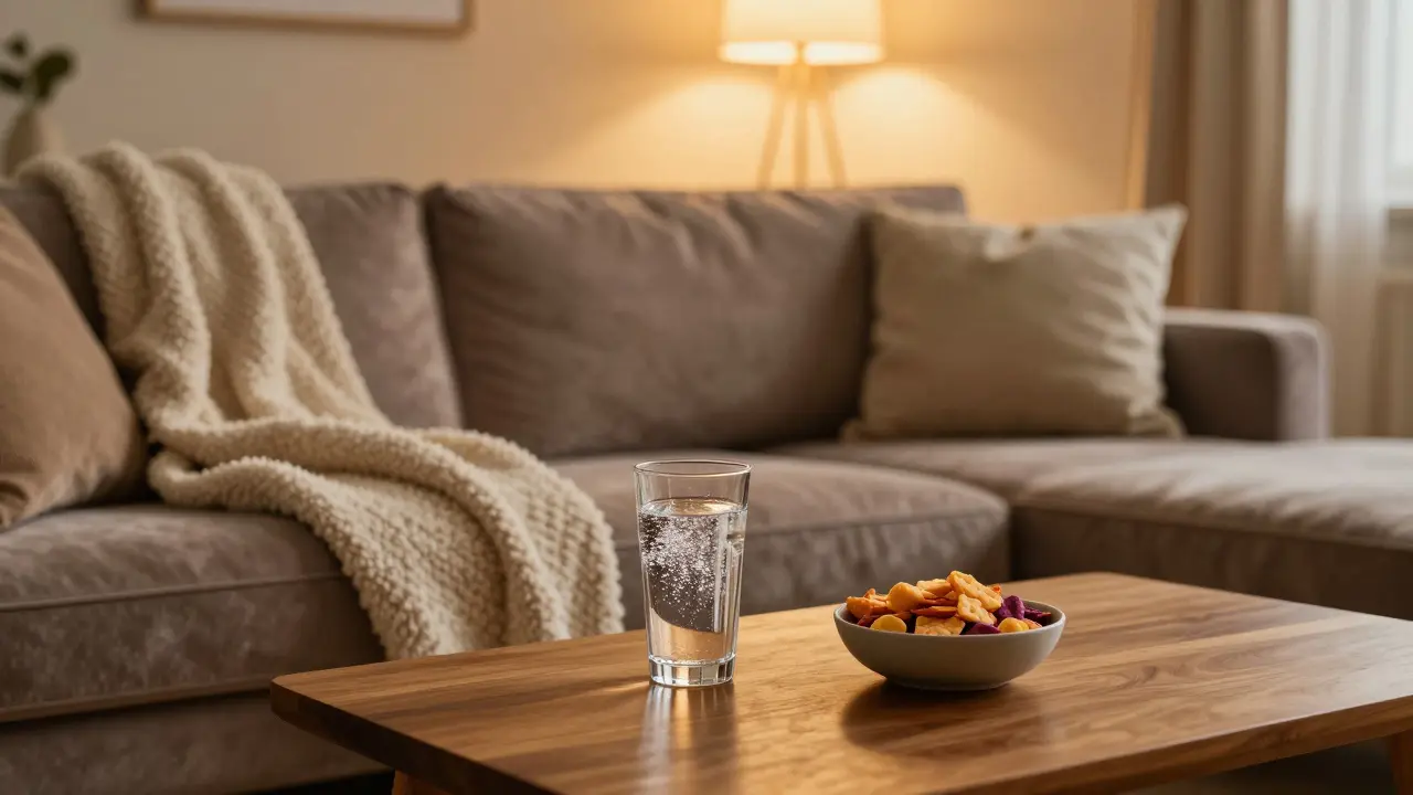 Gemütliches Wohnzimmer mit Snacks und Wasser für eine entspannte Atmosphäre