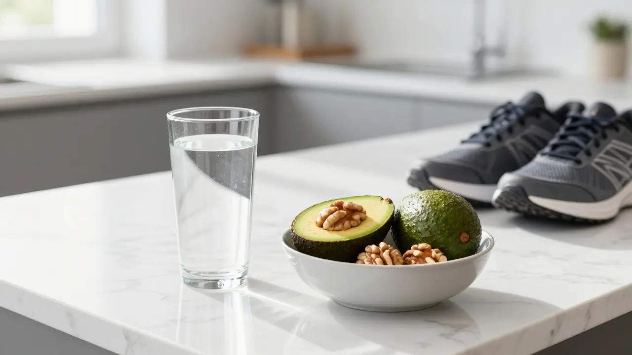 Gesunde Ernährung mit Avocado, Nüssen und Wasser auf weißem Marmor