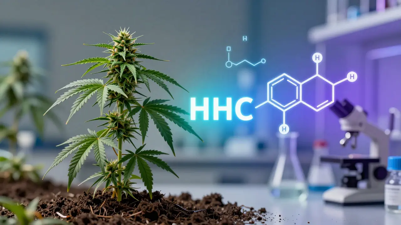 Illustration des Übergangs von einer natürlichen Hanfpflanze zu einer synthetischen Laborstruktur.