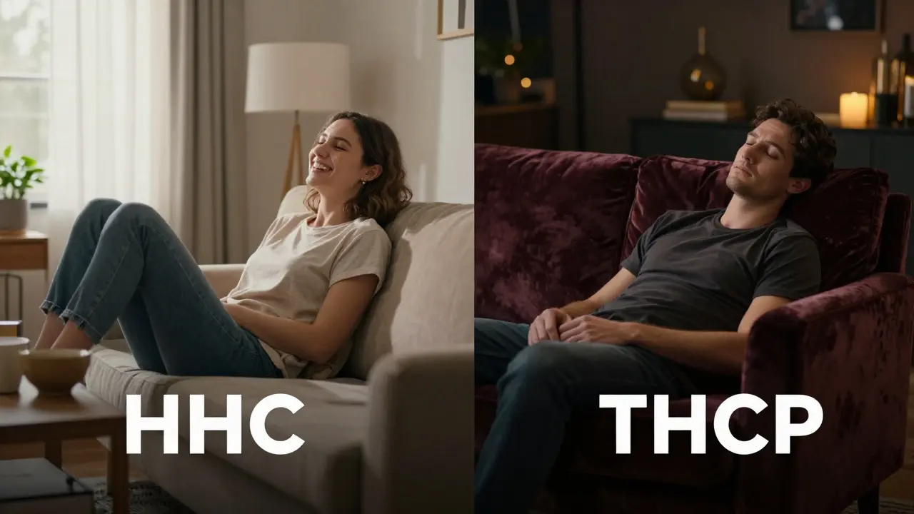 Kontrast zwischen entspannter Atmosphäre bei HHC und intensivem Couch-Lock-Effekt bei THCP.