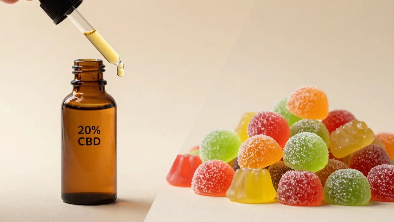 Kontrast zwischen hochkonzentriertem CBD-Öl und bunten CBD-Gummibärchen.