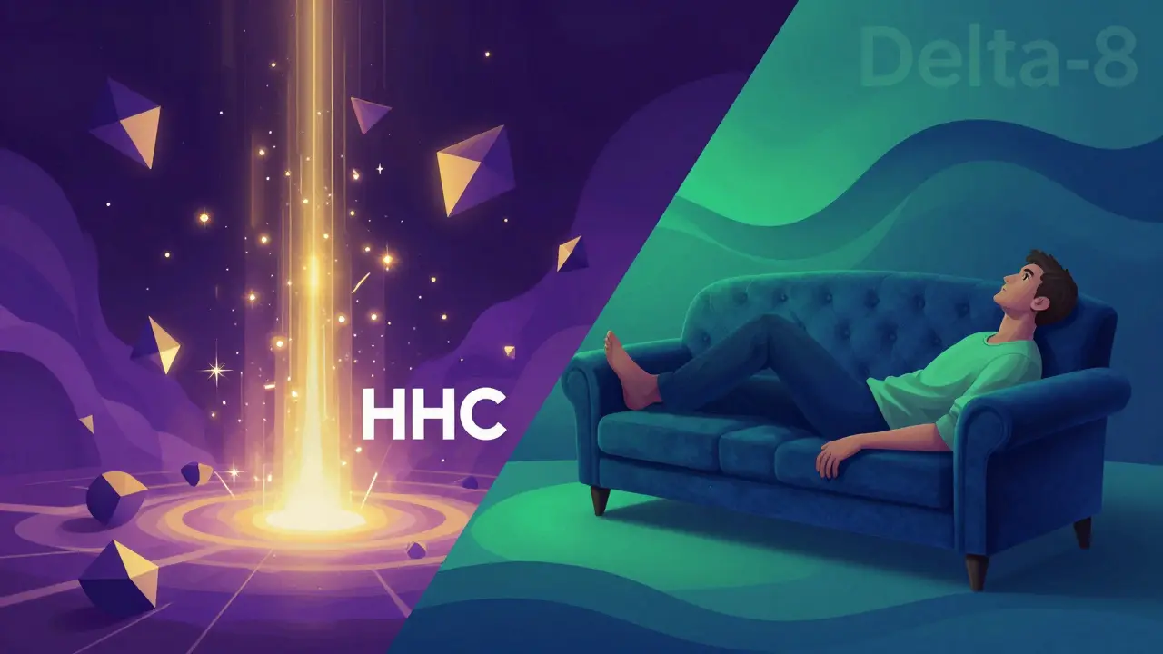 Konzeptkunst: Eine Seite zeigt energetische Euphorie (HHC), die andere tiefe körperliche Entspannung (Delta-8).