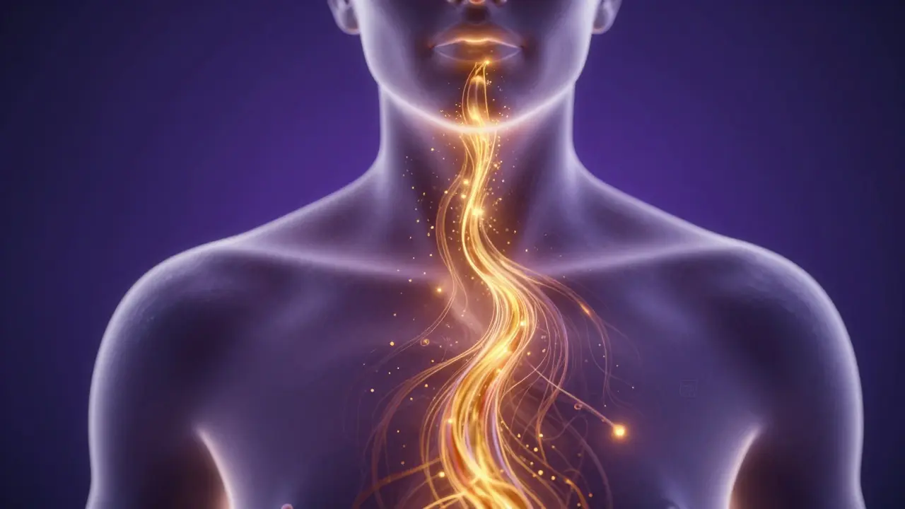 Konzeptuelle Darstellung von goldenen Wirkstoffen, die in den Körper fließen.