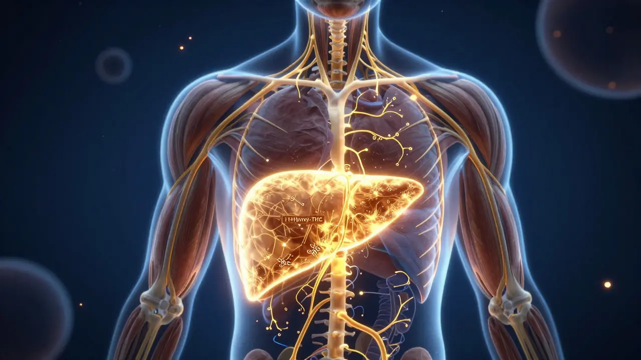 Künstlerische Darstellung von goldenen Energieflüssen im Körper.