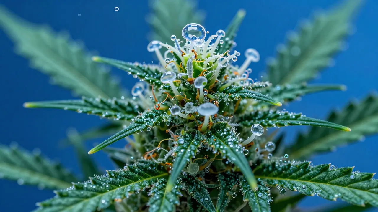 Makroaufnahme von Trichomen auf einem Cannabisblatt mit kleinen Luftblasen in kaltem Wasser.