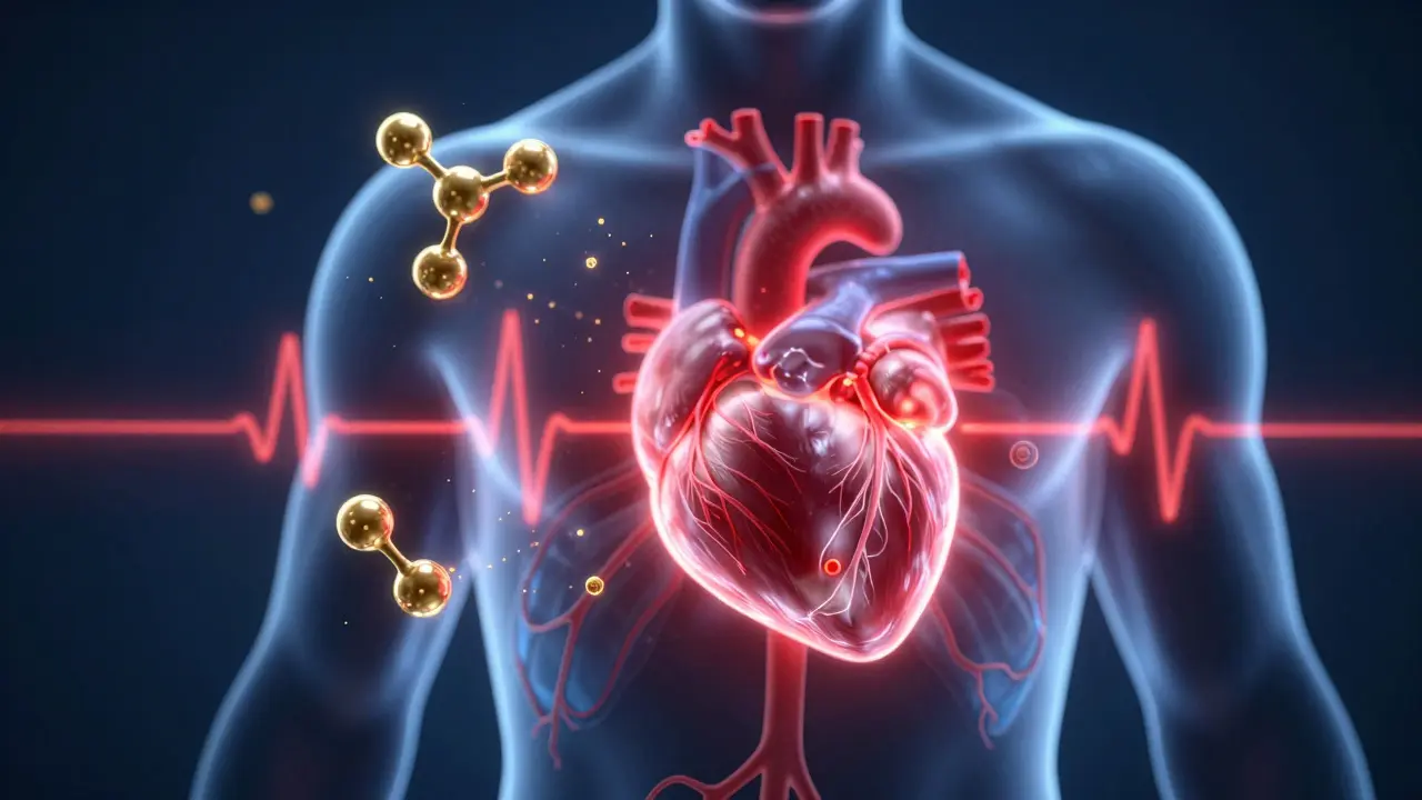 Medizinische Illustration eines pulsierenden Herzens mit THC-Molekülen und Adrenalin im Blutkreislauf.