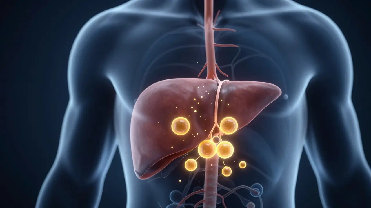 Medizinische Illustration von CBD-Molekülen in Leber und Fettzellen
