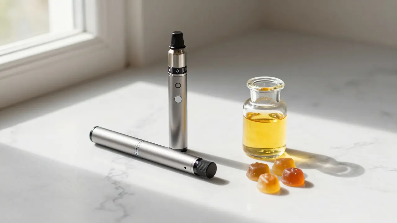Minimalistische Darstellung von Vaporizer, Öl und Gummies auf einer Marmorfläche.