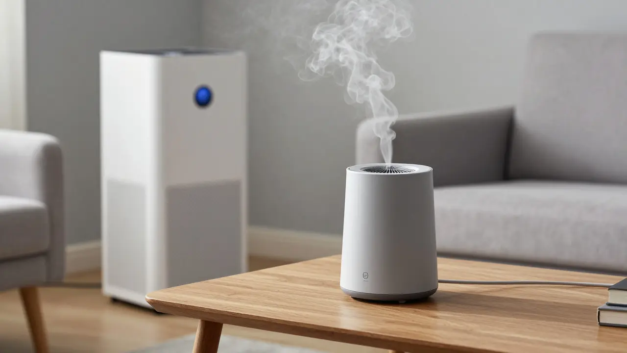 Moderner Vaporizer und Luftreiniger in einem minimalistischen Wohnzimmer.