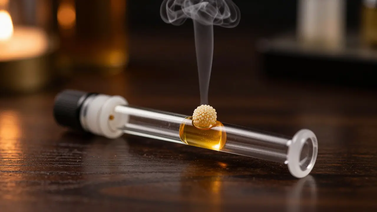 Nahaufnahme eines Dab-Vorgangs mit goldfarbenem Live Resin in einem Quartz-Banger.